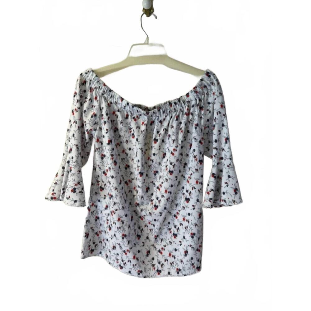NEW CONRAD C women's floral print off shoulder blouse in white/ red/ blue